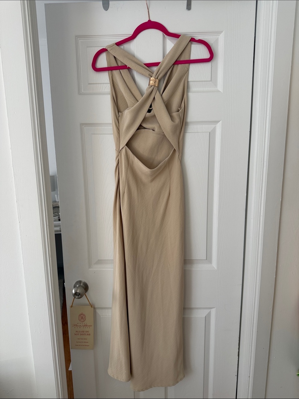 Beige Cowl-Neck Maxi Dress with Gold Detail - Picture 3 of 4